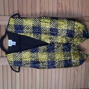 Theo Plaid Sequin Black and Yellow Plaid Button Up Vest Size Small
